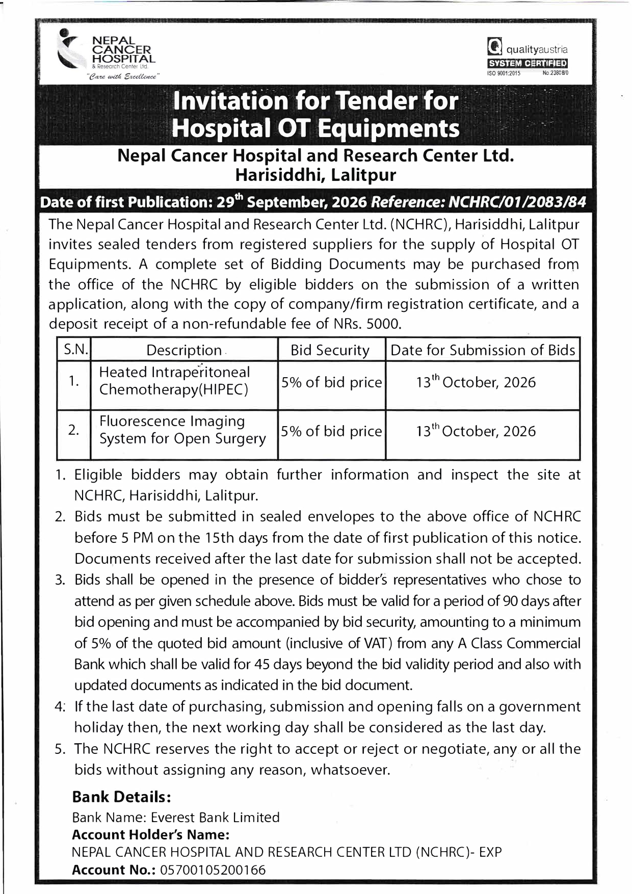 Announcement - Nepal Cancer Hospital & Research Center Ltd.